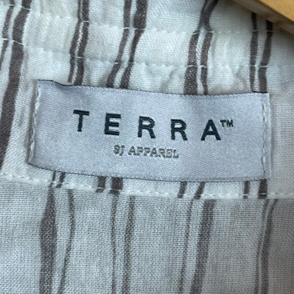 Terra SJ Apparel Top Size M White Taupe Wired Collar Button Popover Lagenlook - Picture 3 of 7